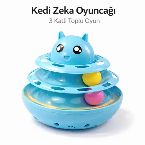 Hacıyatmaz Kedi Oyuncağı 3 Katlı Toplu Zeka Oyuncağı 20x21 cm – Devrilmez Interaktif Oyuncağı