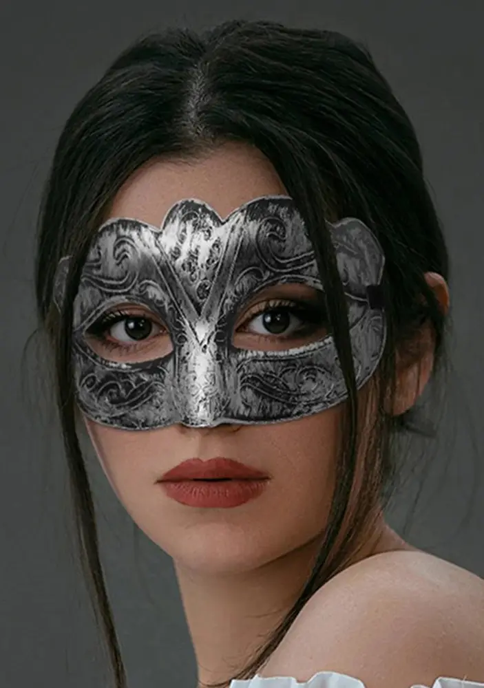Maskeli B Antik Gri Gümüş Eskitilmiş Maske B Venedik 5