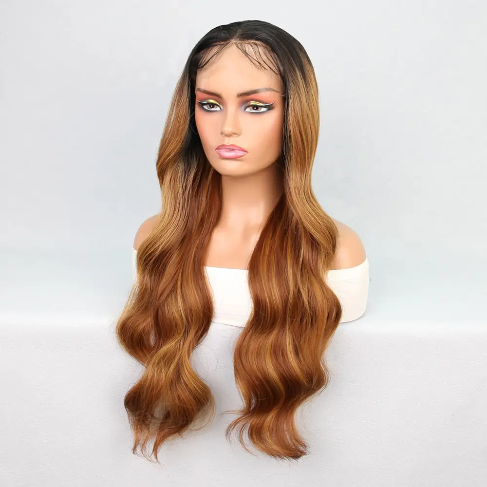 Siyah Karamel Balköpüğü Ombre Fiber Sen Geniş Daalı Tül Peruk 4