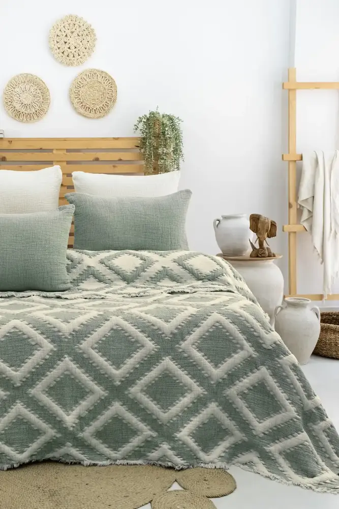 Şaheser Home Collection Müslin Yatak Örtüsü Seti Çift Kişilik Sonia Yeşil