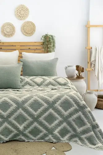 Şaheser Home Collection Müslin Yatak Örtüsü Seti Çift Kişilik Sonia Yeşil