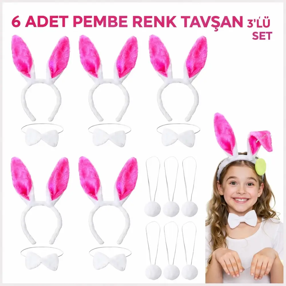 Şeker Pembesi Tşan Sahne Seti 6'lı Set Taç Papyon Kuyruk