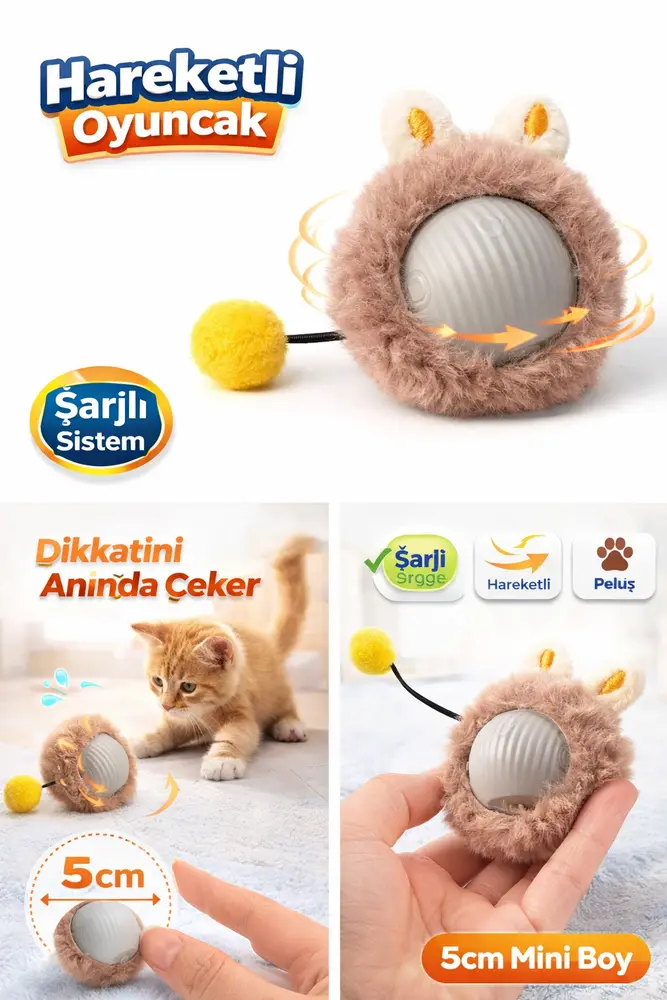 KP Şarjlı Hareketli Peluş Kedi Oyuncağı Kuyruklu 5 cm – İnteraktif Titreşimli Hareketli Top 2
