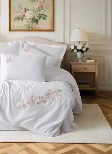 3D Nakışlı Çift Kişilik Saten Nevresim Takımı Floret Beyaz