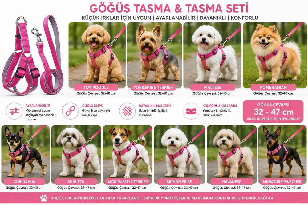 Gezdirme Kayışlı Dokuma Köpek Göğüs Tasma Seti 32*47-110 cm Pembe 4