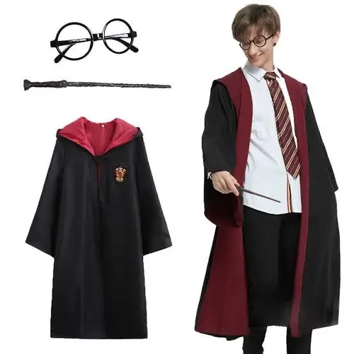 Harry Potter Gryffindor Kapişonlu Çuk Kostüm + Asa + Gözlük Seti 9-10 Yaş