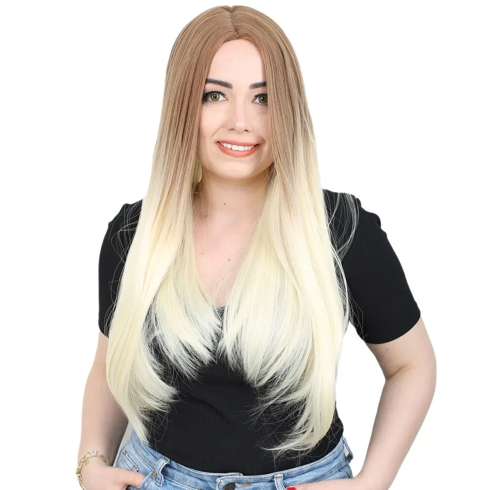 Fiber Sen Uzun Düz Peruk / Balköpüğü / Platin Ombreli