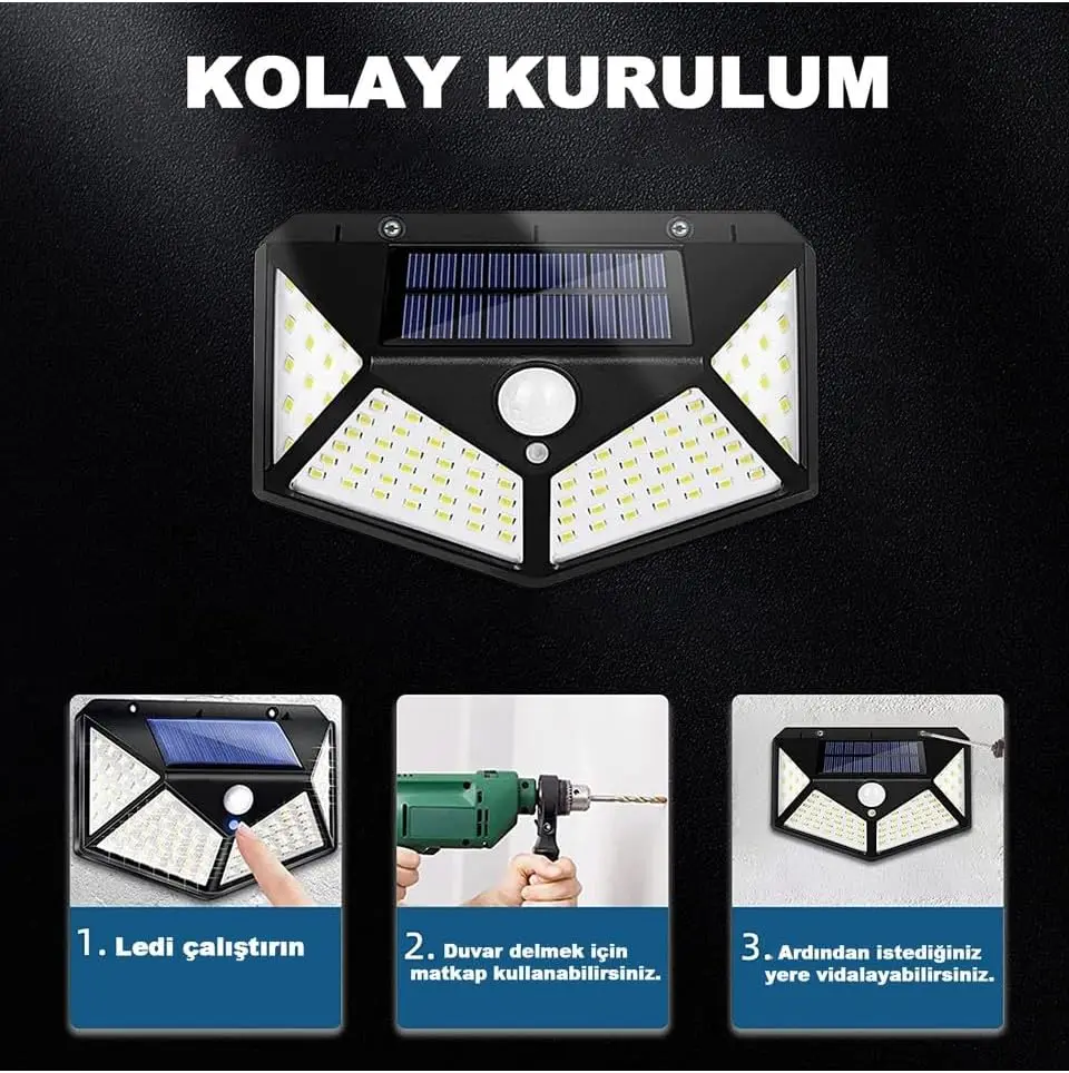 100 Led DIŞ Mekan Solar Aydınlatma Fotoselli Solar Lamba Hareket Sensörlü 4