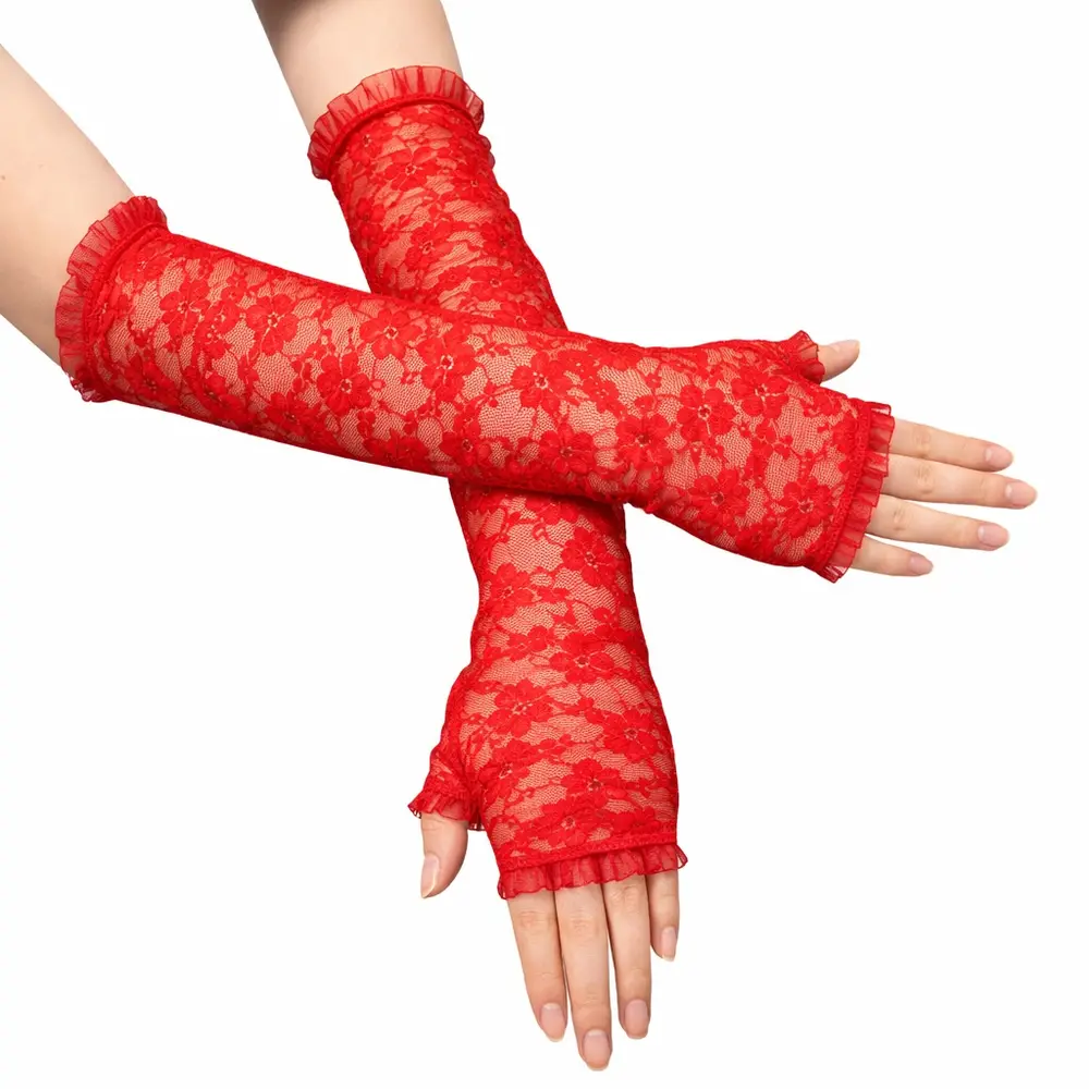 Uzun Zarif Dantel Eldiven Parmaksız Kırmızı 35 cm 2