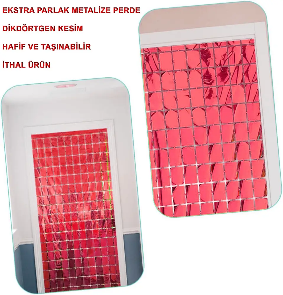 Ekstra Metalize Kırmızı Renk Disko Dikdörtgen Kesim Kapı Perdesi Dekorasyon 1x2 Metre 2