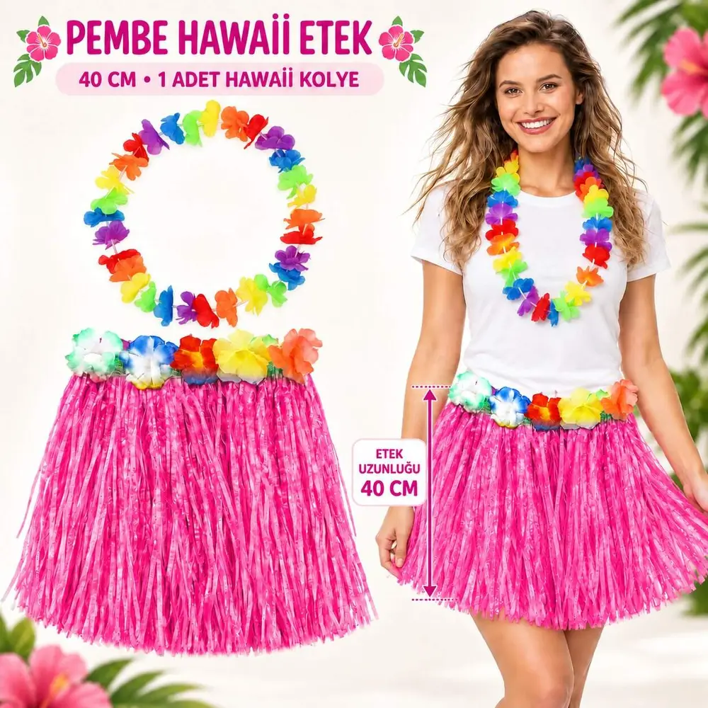 Hawaii Luau ha Pembe Püsküllü 40 cm Etek ve Hawaii Kolye Seti
