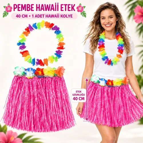 Hawaii Luau ha Pembe Püsküllü 40 cm Etek ve Hawaii Kolye Seti