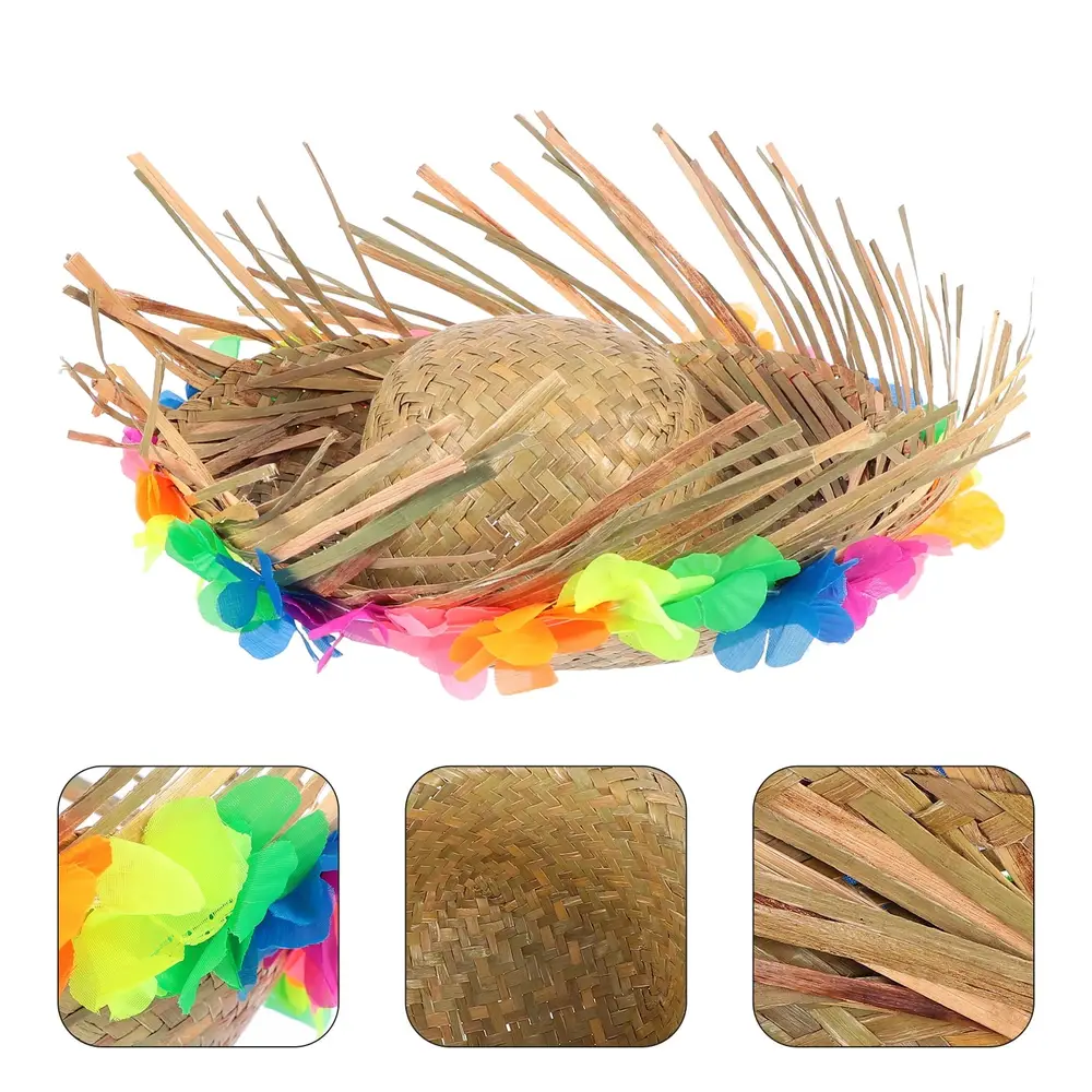 Naturel Renk Püsküllü Örme Hasır Hawaii Luau ha Şapka 13x36 cm 3