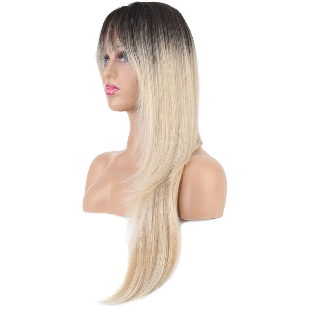Katlı Kesim Perçemli Düz Fiber Sen Uzun Boy Peruk / Kahve / Platin Ombre ve Röfleli 3