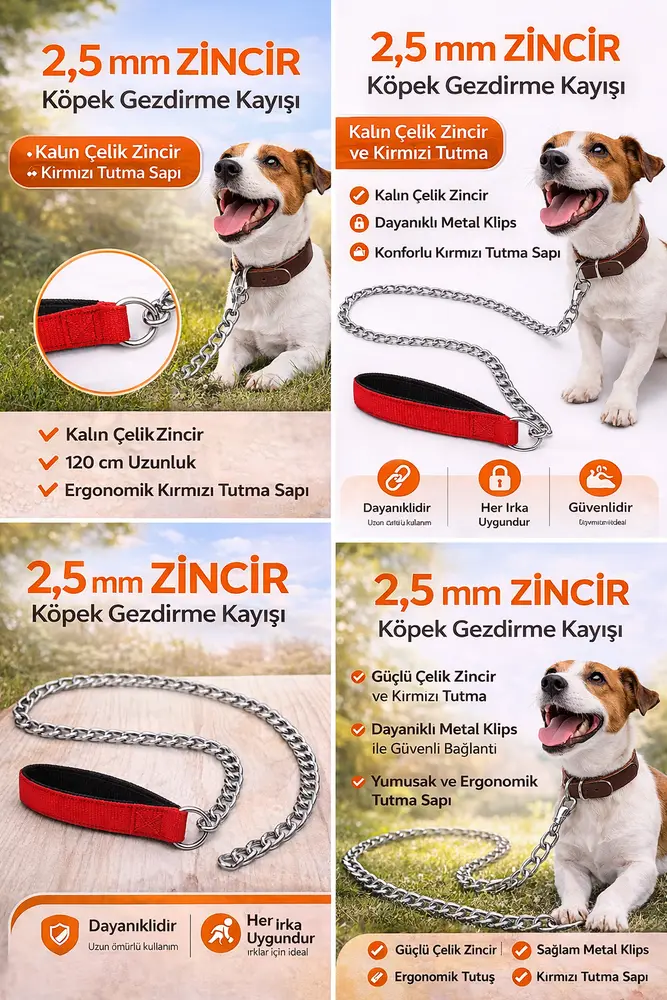 Zincir Köpek Gezdirme Kayışı Dalı Çelik & Ergonomik Tutma Saplı 2,5 mm-120 cm Kırmızı 3
