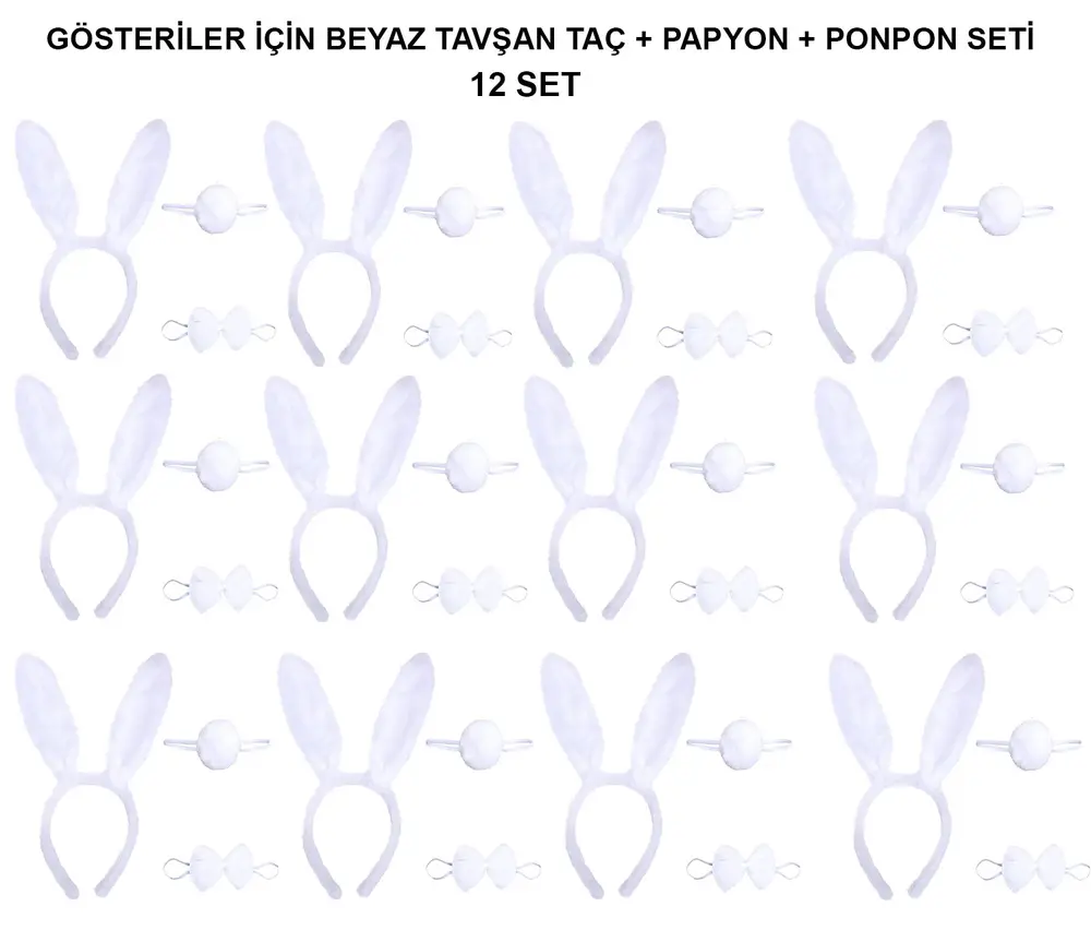 Beyaz Tşan Kostüm Seti – Taç, Papyon, Kuyruk (12’li Paket)
