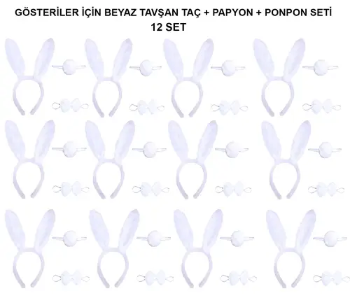 Beyaz Tşan Kostüm Seti – Taç, Papyon, Kuyruk (12’li Paket)
