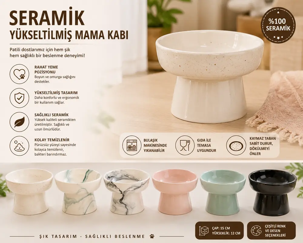 Yüksek Altlıklı Oval Seramik Su Kabı 250 ml Çeşitli Renklerde