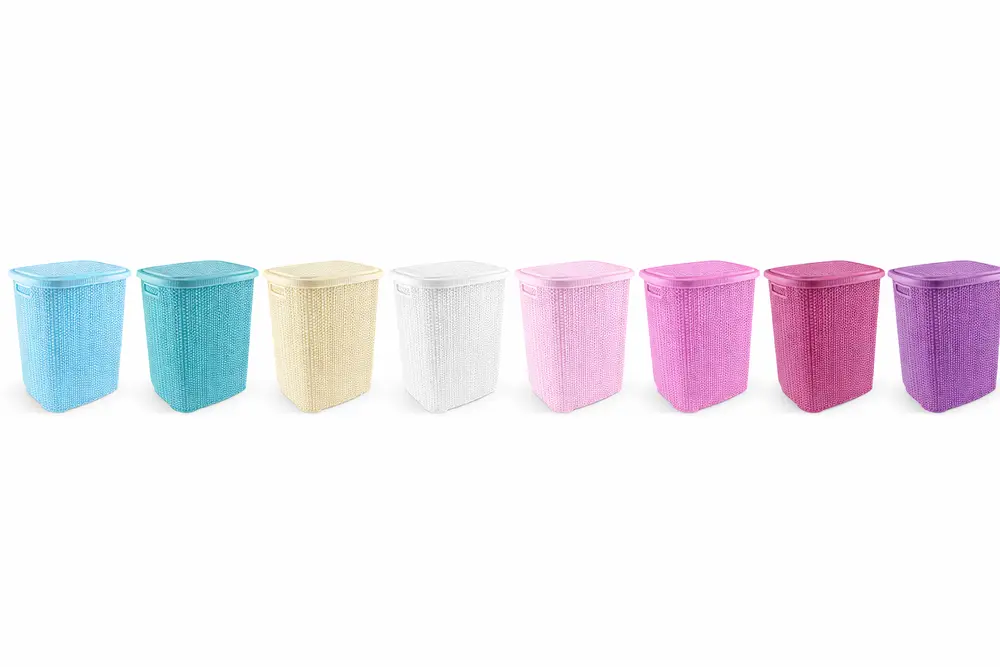 Kirli Çamaşır Sepeti Kapaklı 65 LT Örgü Desenli Plastik Çamaşır Sepeti Banyo Sepeti - Mi 3