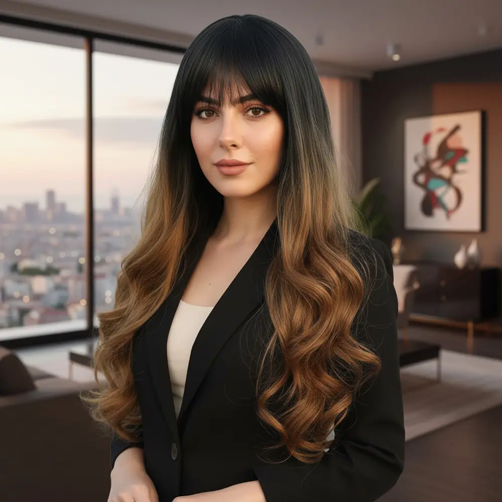 Kahküllü Uzun Daalı Fiber Sen Peruk / Siyah / Karamel Ombreli 2