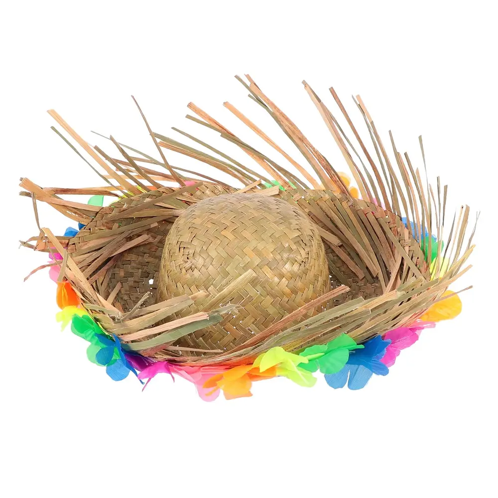 Naturel Renk Püsküllü Örme Hasır Hawaii Luau ha Şapka 13x36 cm 5