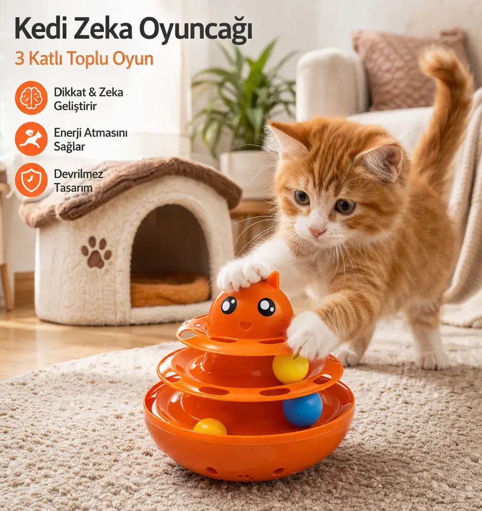Hacıyatmaz Kedi Oyuncağı 3 Katlı Toplu Zeka Oyuncağı 20x21 cm – Devrilmez Interaktif Oyuncağı 4