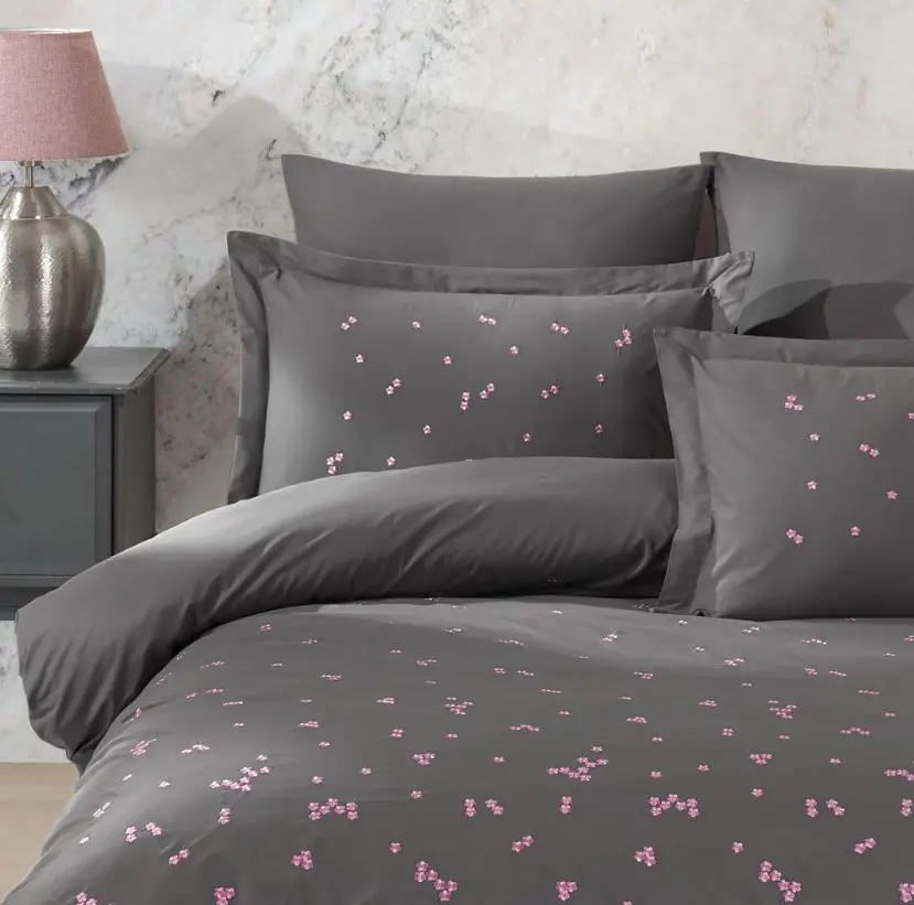 Çift Kişilik Poplin Premium Nakışlı Nevresim Spring Gri 2