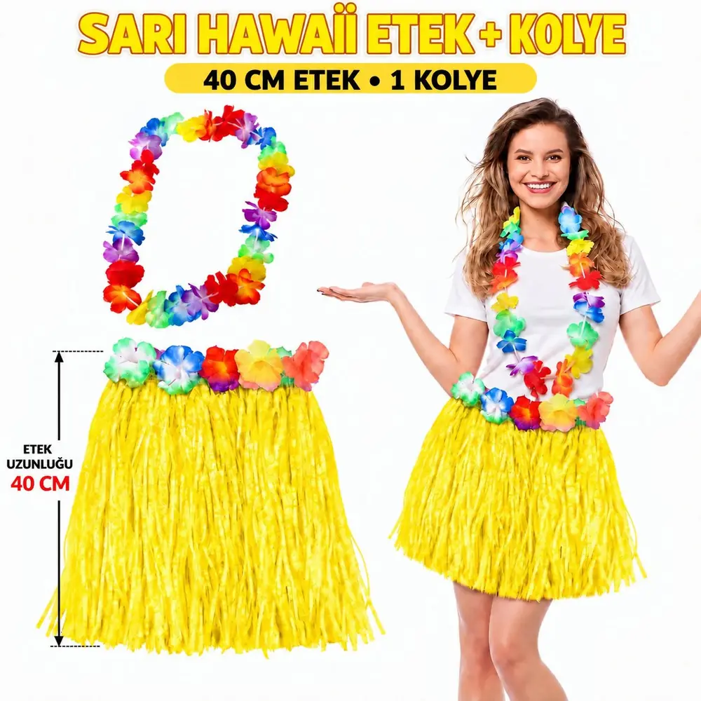 Hawaii Luau ha Sarı Püsküllü 40 cm Etek ve Hawaii Kolye