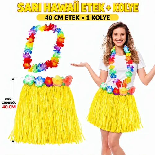 Hawaii Luau ha Sarı Püsküllü 40 cm Etek ve Hawaii Kolye