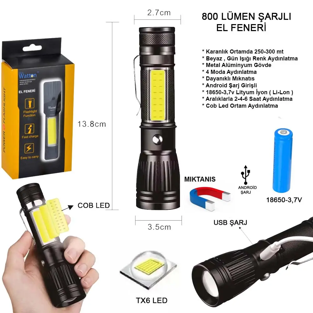 Uzun Menzilli EL Feneri Mıknatıslı Wt-602 2
