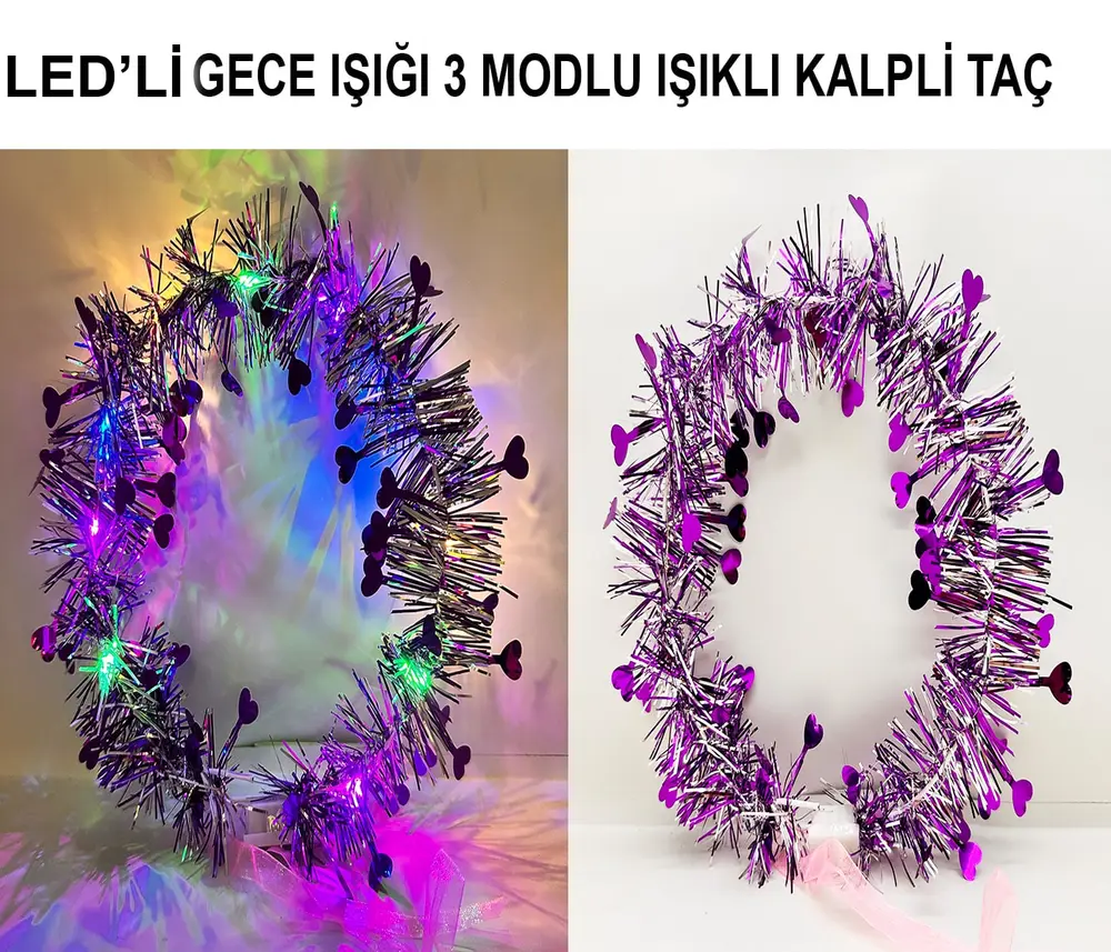 Kalp Püsküllü Gece Parıltısı 3 Modlu LED'li Işıklı Taç Mor Renk 3