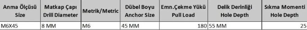 Asma Tan Çelik Dubel M6X45 ( 10 Adet) 2