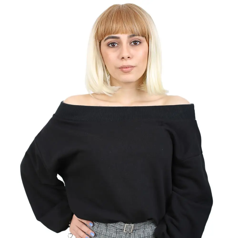 Kısa Küt Perçemli Fiber Sen Peruk / Balköpüğü / Platin Ombreli 2