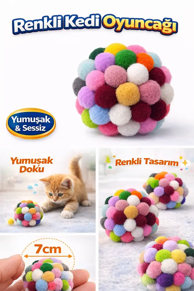 Renkli Ponpon Kedi Oyuncak Topu 7 cm ( 2 Adet ) – Yumuşak Sessiz Kedi Oyun Topu 3