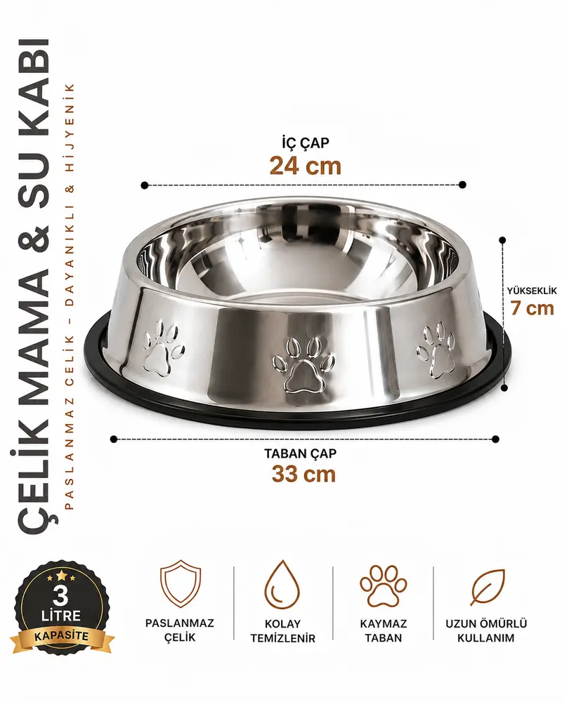 Köpekler İçin Pati Desenli Çelik Su Kabı 33 Cm - 96 Oz - 3 LT