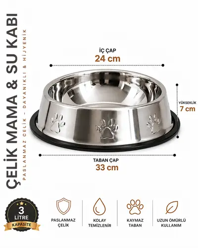 Köpekler İçin Pati Desenli Çelik Su Kabı 33 Cm - 96 Oz - 3 LT