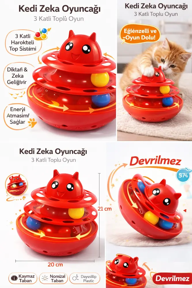 Hacıyatmaz Kedi Oyuncağı 3 Katlı Toplu Zeka Oyuncağı 20x21 cm – Devrilmez Interaktif Oyuncağı 6