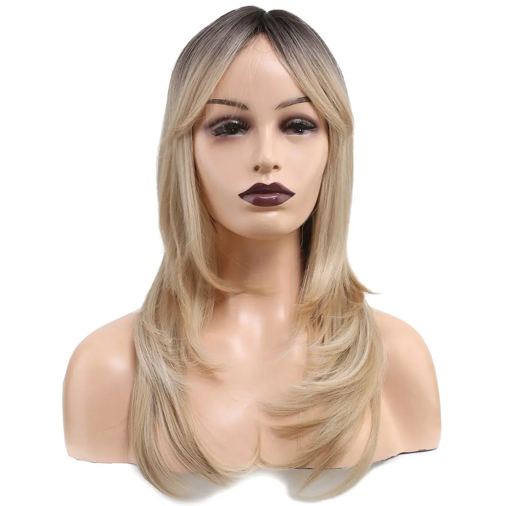 Katlı Kesim Perçemli Düz Fiber Sen Orta Boy Peruk / Kahve / Platin Ombre ve Röfleli 3