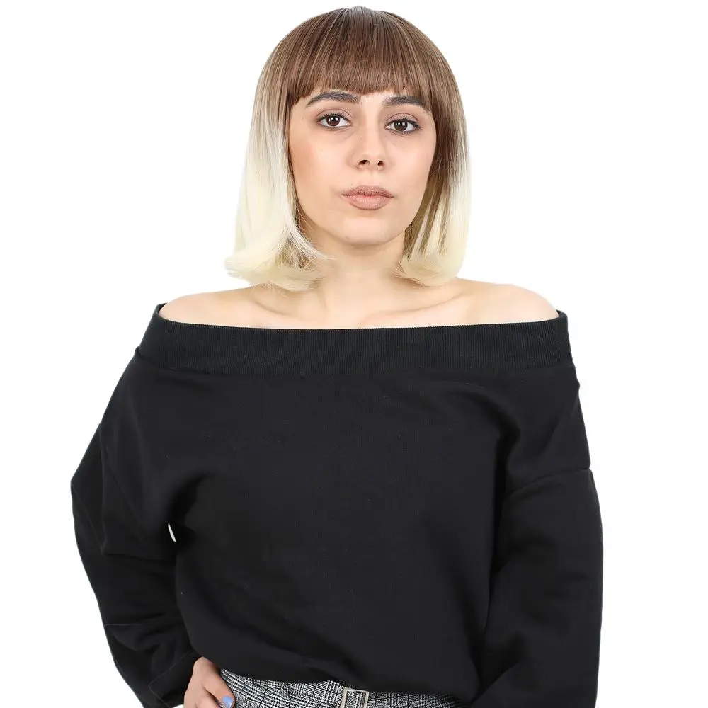 Kısa Küt Perçemli Fiber Sen Peruk / Kumral / Platin Ombreli 2