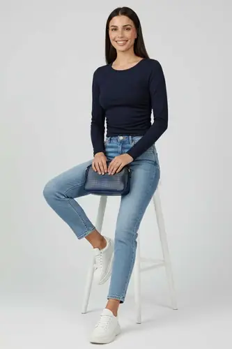 Yanı Büzü bluz Lacivert