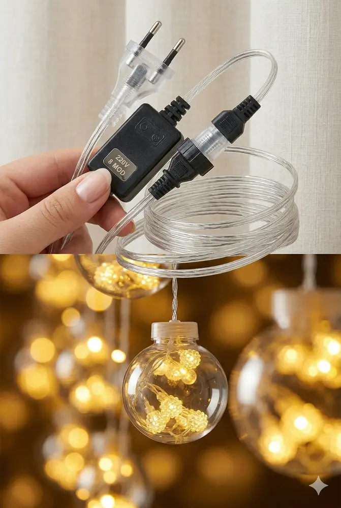 3 Metre 10 Toplu Perde LED Işık - Gün Işığı Şeffaf Dekoratif Aydınlatma - 8 Fonksiyonlu Led 5