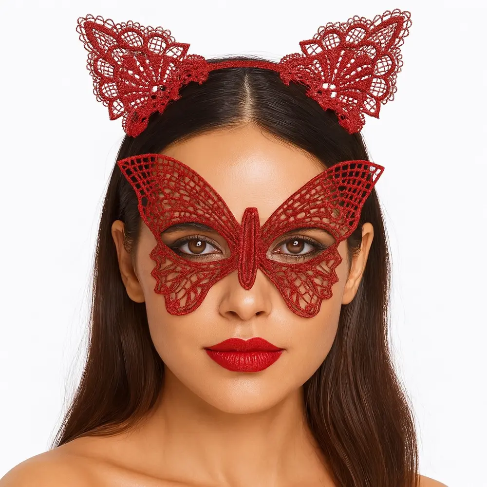 Gösterişli Kırmızı Dantel Maske ve Taç Seti 7 No – Masquerade ve Detler için 2