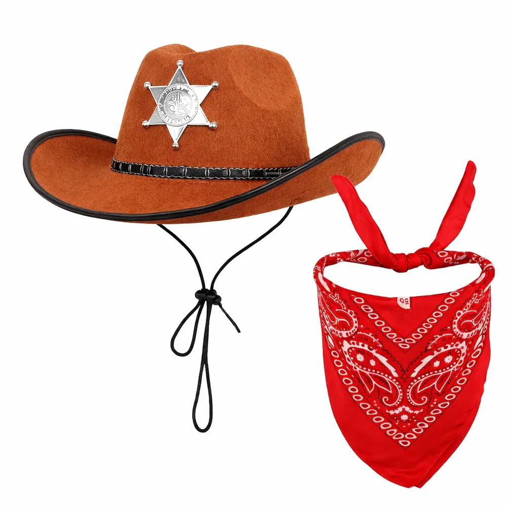Çuk Kovboy Şapka Rozetli Kahverengi & Kırmızı Bandana Fular Seti 2