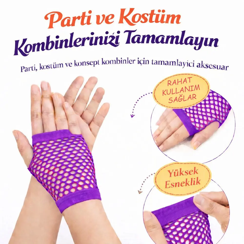 80’ler 90’lar Retro Mor File Parmaksız Kısa Eldiven 11 cm 2