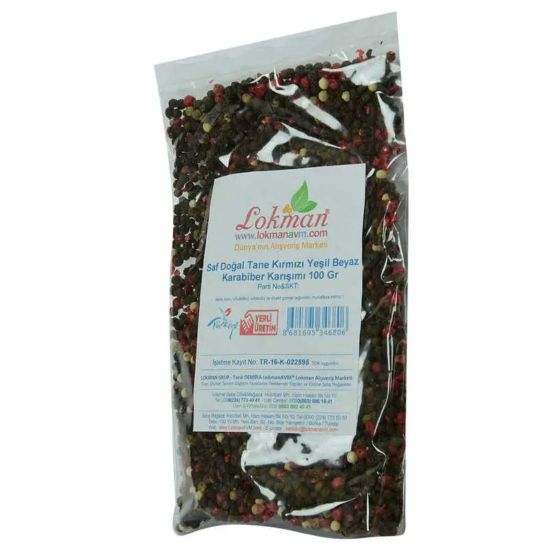 Saf Doğal Tane Kırmızı Yeşil Beyaz Karabiber Karışımı 100 Gr Paket 4