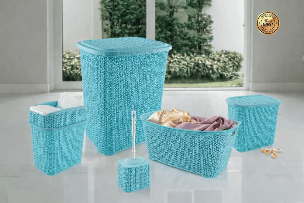 5 Parça Örgü Desenli Plastik Banyo Seti Çamaşır Sepeti Deterjanlık Kovası Klozet Fırçası - Mi 2
