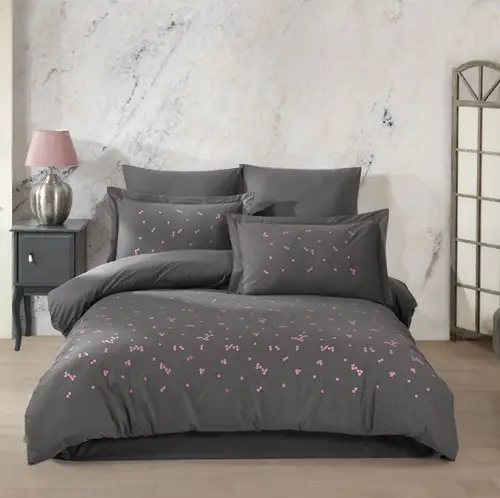 Çift Kişilik Poplin Premium Nakışlı Nevresim Spring Gri