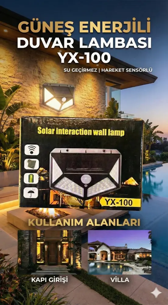 100 Led DIŞ Mekan Solar Aydınlatma Fotoselli Solar Lamba Hareket Sensörlü 3