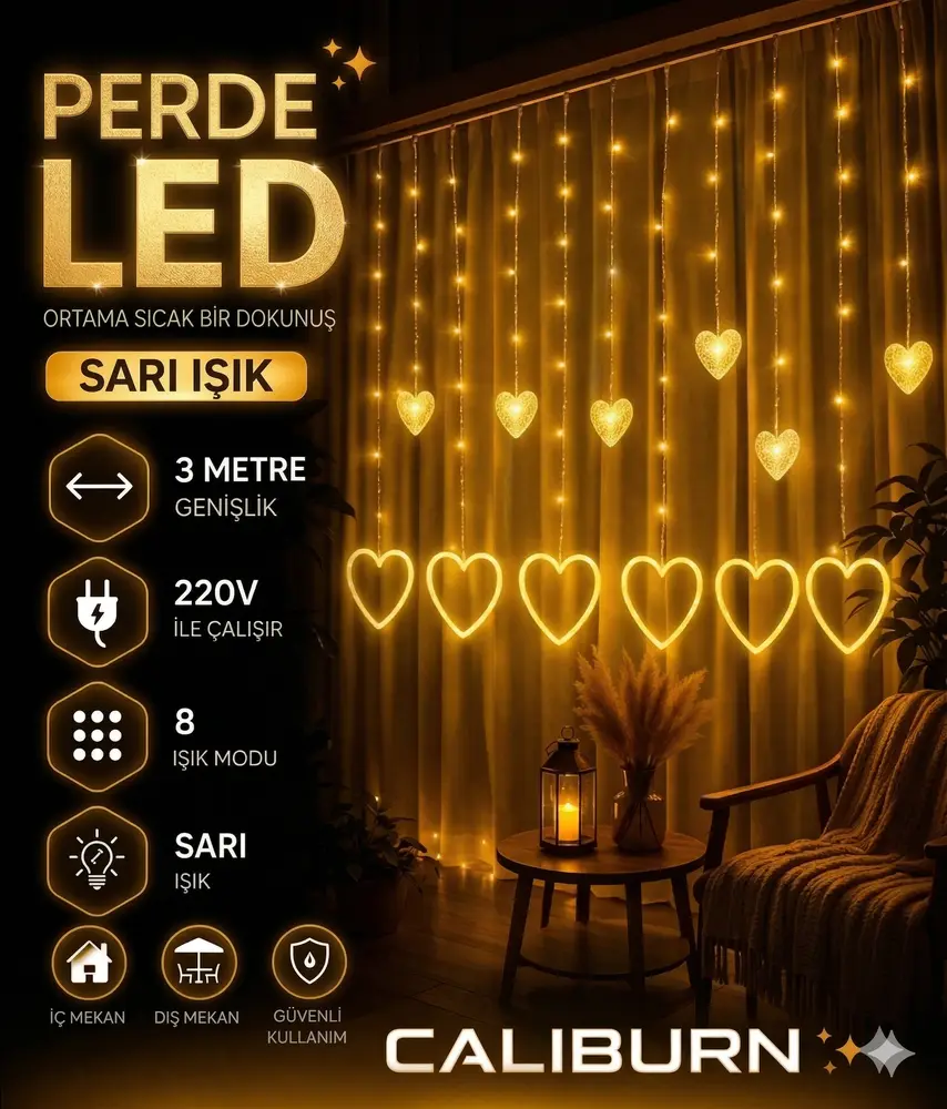 3 Metre 8 Modlu Kalp Perde LED Işık - Sarı (Sıcak Beyaz) Işık Dekoratif Işıklandırma Oda Dekoru 5