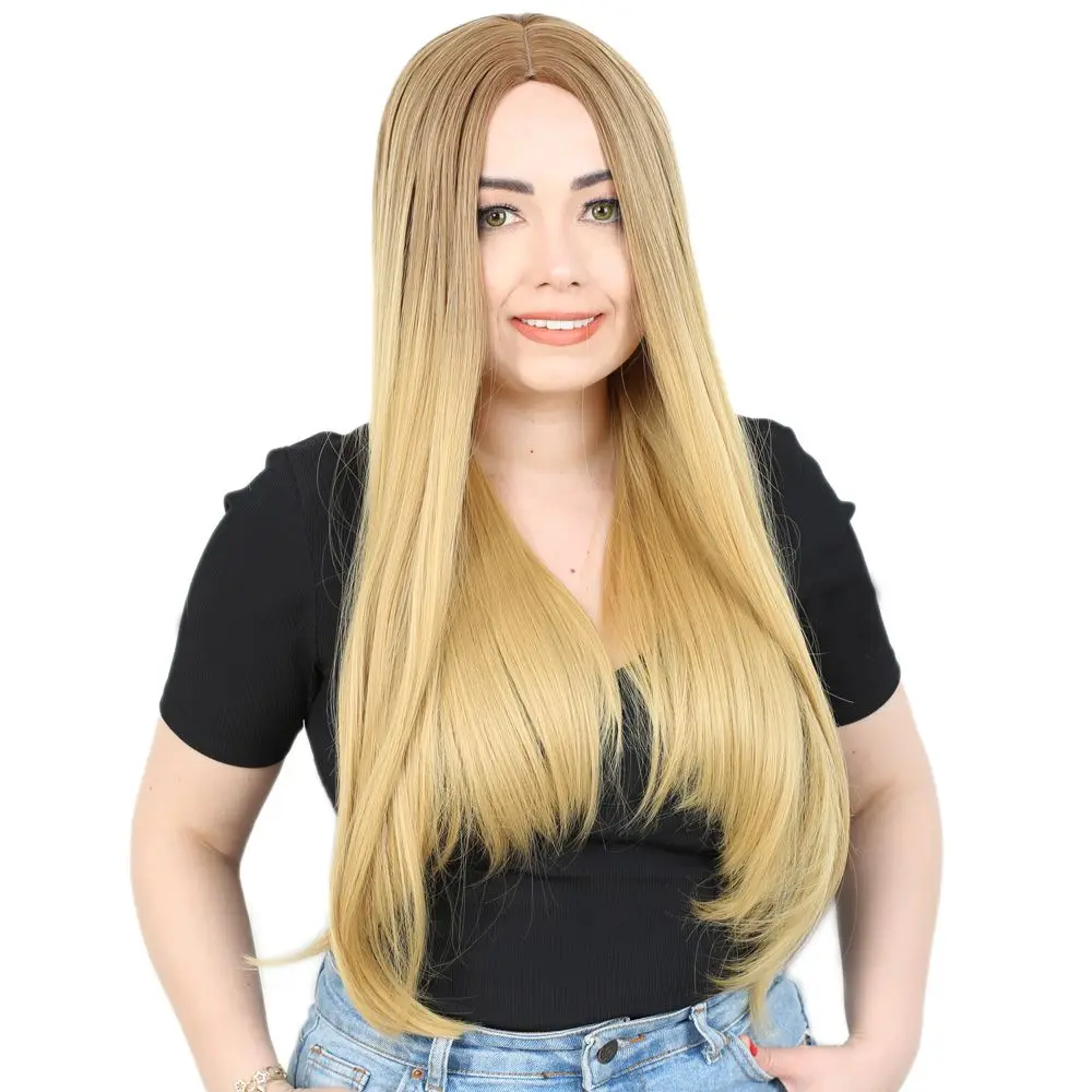 Fiber Sen Uzun Düz Peruk / Kumral / Sarı Ombreli
